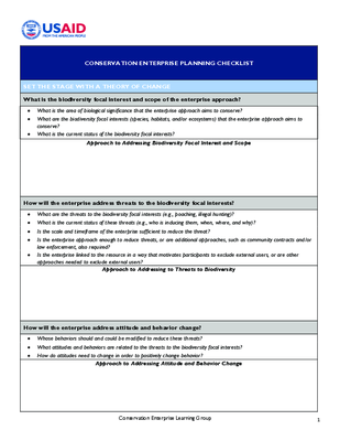 This checklist can be used by practitioners to help plan their conservation enterprise approach. The questions help to identify the important considerations in the context of a particular site. The first set of questions is related to understanding the theory of change for the conservation enterprise approach. The second set of questions focuses on building and improving the necessary enabling conditions focused on the establishment and sustainability of the enterprise itself.  The third set of questions focuses on the necessary enabling conditions for assuring other outcomes along the theory of change. The last set of questions are for reflecting on how practitioners will know if the enterprise approach is achieving its purpose of biodiversity conservation.   For more information and an example, watch the webinar Setting up for Success: Enabling Conditions for Conservation Enterprises.