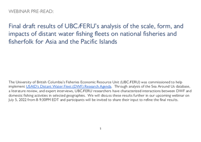 Final draft results of UBC/FERU’s analysis of the scale, form, and impacts of DWF on national fisheries and fisherfolk for Asia and the Pacific Islands