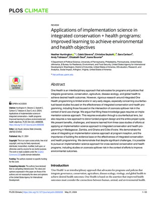 Applications of Implementation Science in Integrated Conservation  and Health Programs: Improved Learning to Achieve Environmental and Health Objectives