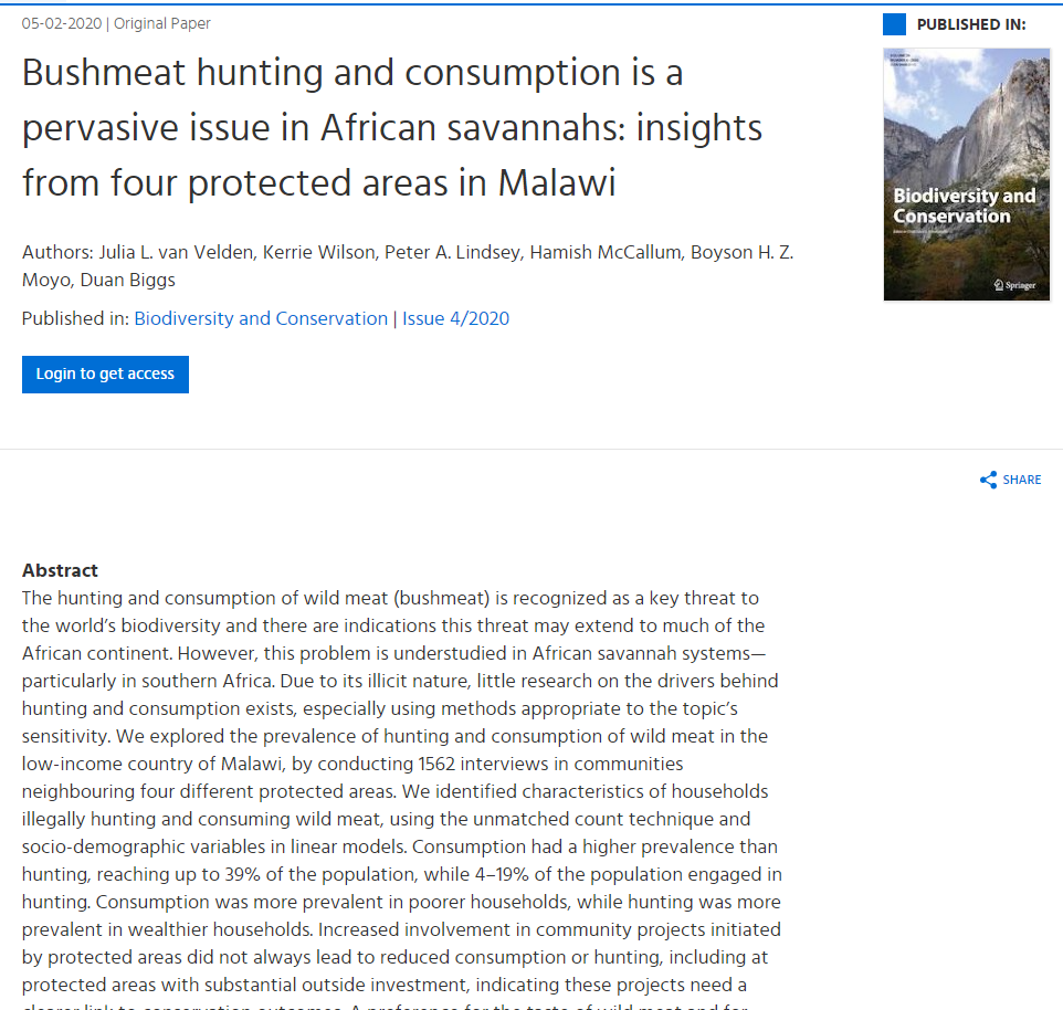 Bushmeat hunting and consumption is a pervasive issue in African ...