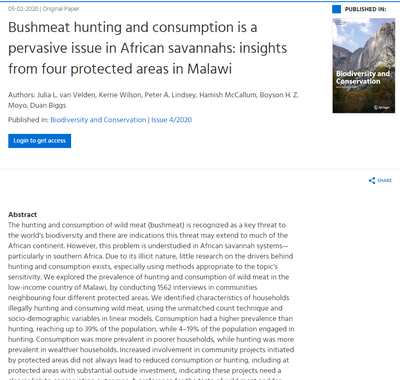 Bushmeat hunting and consumption is a pervasive issue in African savannahs: insights from four protected areas in Malawi
