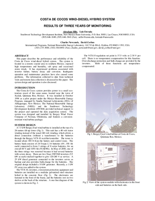 Costa de Cocos wind-diesel hybrid system: Results of three years of monitoring. Presented at International Solar Energy Society Millennium Solar Forum, 17-22 September, Mexico City, Mexico