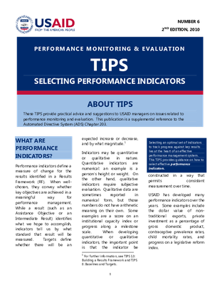 Performance Monitoring & Evaluation TIPS: Selecting Performance Indicators 