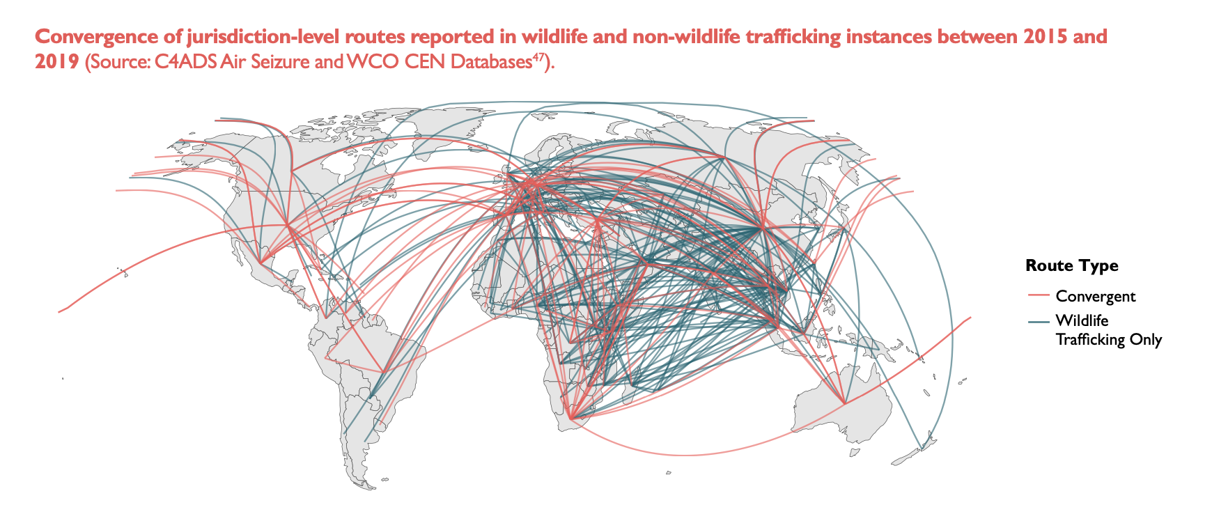 Convergence of jurisdiction-level routes reported in wildlife and non-wildlife trafficking instances between 2015 and 2019 © C4ADS.png
