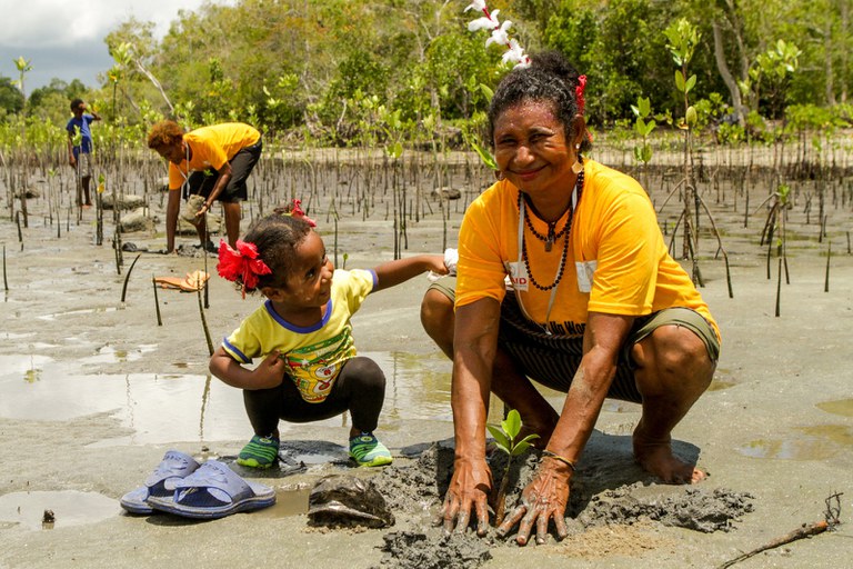 Woman planting mangrove seeds in PNG _ credit Kidlat de Guia or Dorelyn Jose